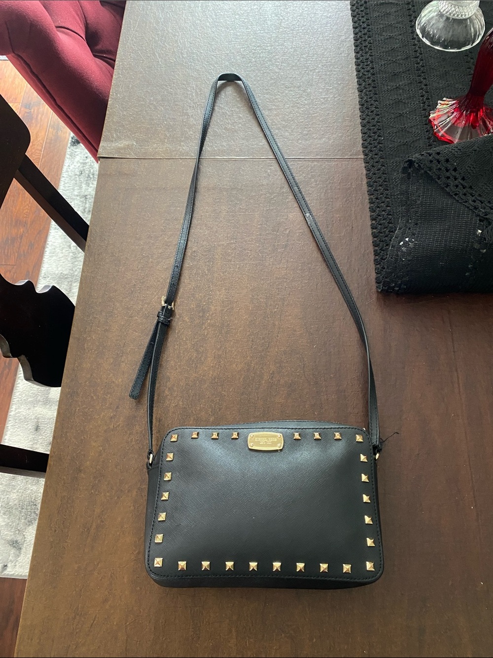 Michael Kors Black Leather Crossbody with Gold Stud Accents